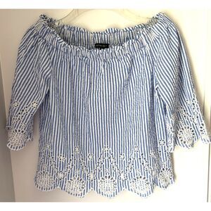 STYLE ENVY Sm. Blue/White Stripe Off Shoulder Embroidered Nautical Style Top #6